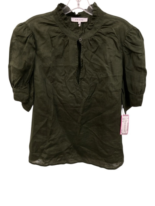 Frame Size XL Dark Green Ramie Short Puff Sleeve Ruffle Collar keyhole front Top Dark Green / XL