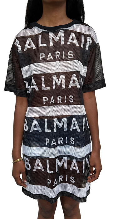 Balmain Size S Black & White Mesh Short Sleeve Coverup