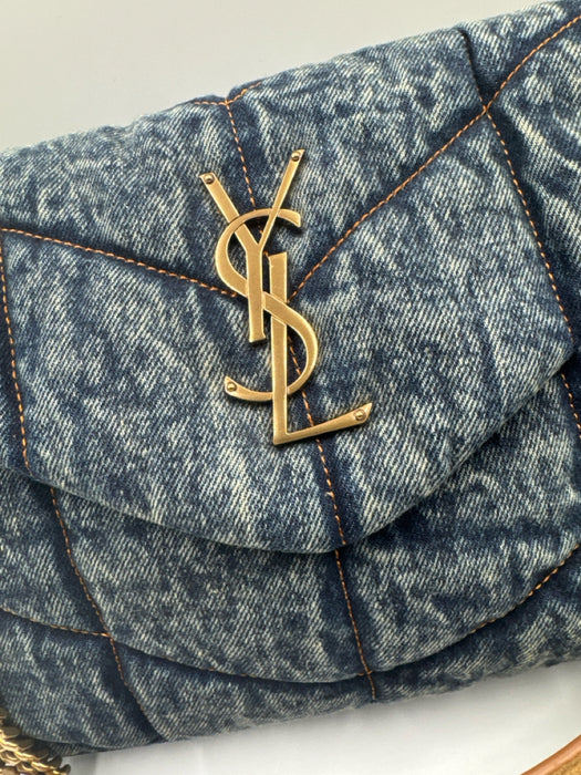 Saint Laurent Blue & Brown Textile Quilted Gold Logo Magnetic Flap Bag