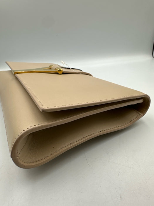 Yves Saint Laurent Beige Leather Magnetic Flap Gold Logo Clutch Bag
