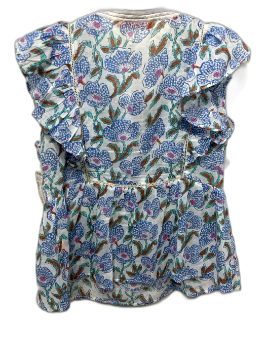 Oliphant Size Medium Blue, Green, Orange Cotton Ruffle Cap Sleeve Floral Top Blue, Green, Orange / Medium