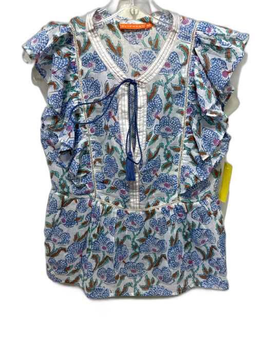 Oliphant Size Medium Blue, Green, Orange Cotton Ruffle Cap Sleeve Floral Top Blue, Green, Orange / Medium
