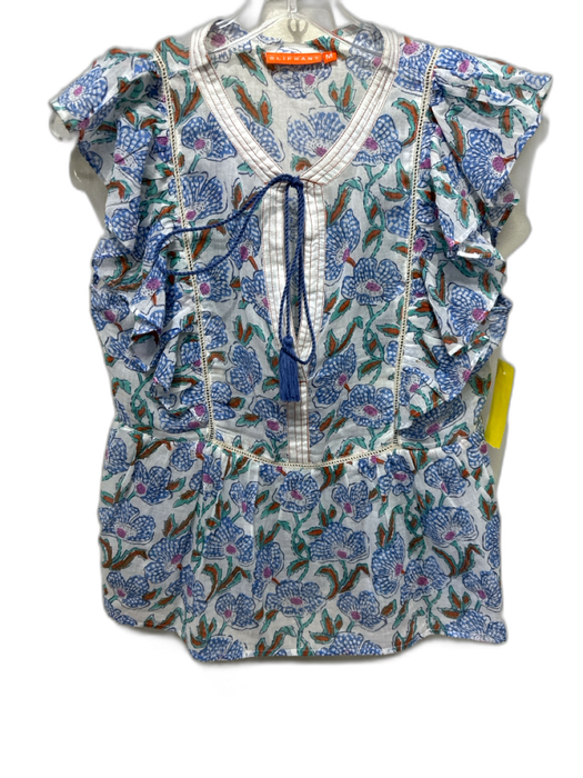 Oliphant Size Medium Blue, Green, Orange Cotton Ruffle Cap Sleeve Floral Top Blue, Green, Orange / Medium
