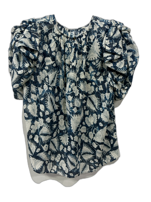 Ulla Johnson Size 2 Blue, Gold, White Cotton Blend Short Sleeve Floral Top Blue, Gold, White / 2