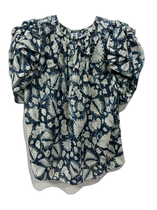 Ulla Johnson Size 2 Blue, Gold, White Cotton Blend Short Sleeve Floral Top Blue, Gold, White / 2