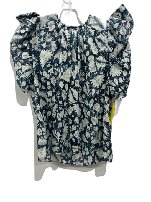 Ulla Johnson Size 2 Blue, Gold, White Cotton Blend Short Sleeve Floral Top Blue, Gold, White / 2