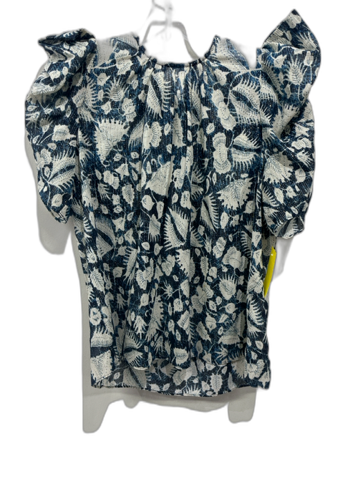 Ulla Johnson Size 2 Blue, Gold, White Cotton Blend Short Sleeve Floral Top Blue, Gold, White / 2