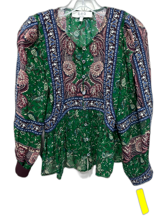 Sea New York Size Small Green, Red, Blue print Viscose Long puff sleeve Top Green, Red, Blue print / Small