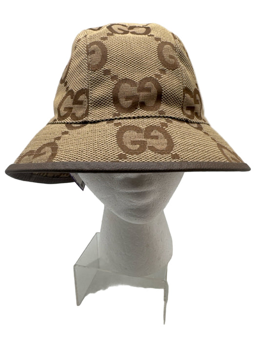 Gucci Brown & Tan Cotton Blend Guccisima Leather Trim Bucket Hat
