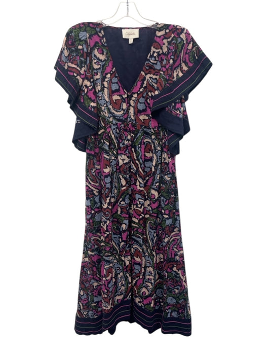 Cleobella Size M Navy, Purple, Multi Cotton Trumpet Sleeve Button Up Midi Dress Navy, Purple, Multi / M