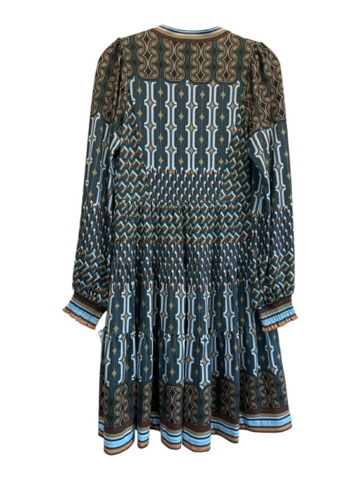 Hale Bob Size Small Blue, Green, Brown Polyester Blend Long Sleeve Tiered Dress Blue, Green, Brown / Small