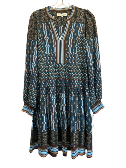 Hale Bob Size Small Blue, Green, Brown Polyester Blend Long Sleeve Tiered Dress Blue, Green, Brown / Small