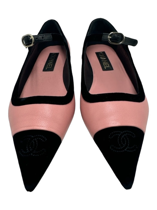 Chanel Shoe Size 39 Wide Pink & Black Leather Pointed Toe Stitched Logo Flats Pink & Black / 39 Wide