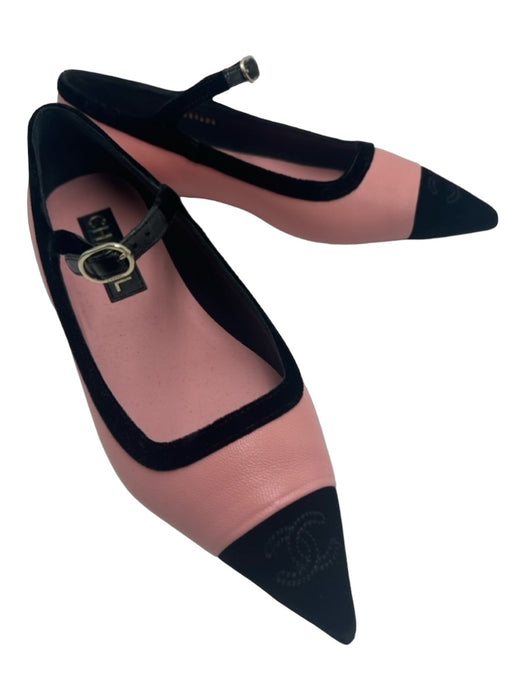 Chanel Shoe Size 39 Wide Pink & Black Leather Pointed Toe Stitched Logo Flats Pink & Black / 39 Wide