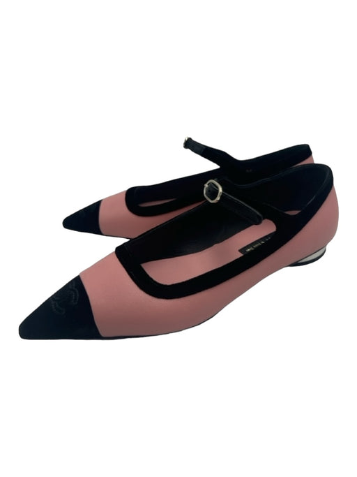 Chanel Shoe Size 39 Wide Pink & Black Leather Pointed Toe Stitched Logo Flats Pink & Black / 39 Wide