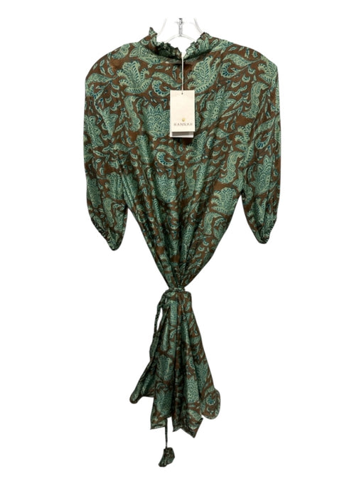 Hannah Size Est L Green, Brown & Blue Silk floral print stand collar Dress Green, Brown & Blue / Est L