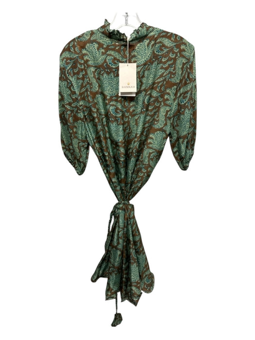 Hannah Size Est L Green, Brown & Blue Silk floral print stand collar Dress Green, Brown & Blue / Est L