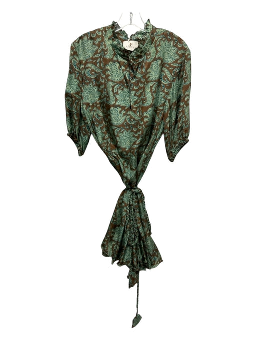 Hannah Size Est L Green, Brown & Blue Silk floral print stand collar Dress Green, Brown & Blue / Est L