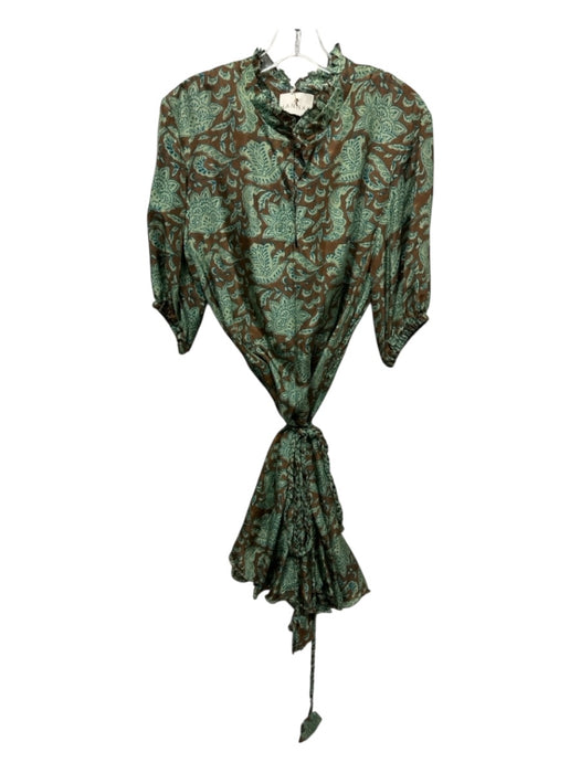 Hannah Size Est L Green, Brown & Blue Silk floral print stand collar Dress Green, Brown & Blue / Est L