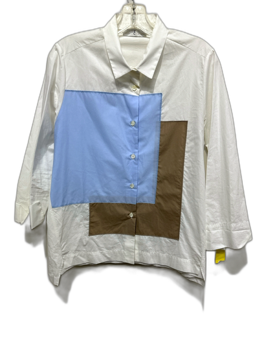WHYCI Size 44 White, BLue, Brown Cotton Button Down Long Sleeve Top White, BLue, Brown / 44