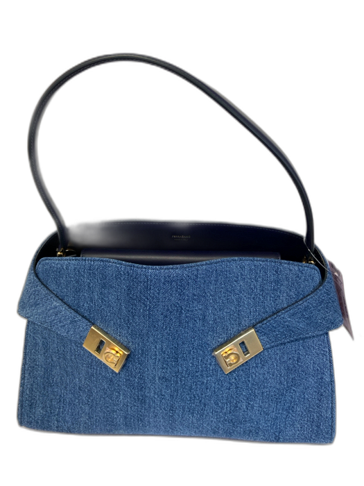 Ferragamo Blue Wash Canvas Gold hardware Denim Turnlock Shoulder Bag Blue Wash / M