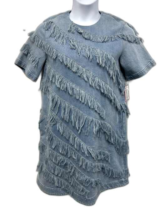 Lafayette 148 Size M Light Wash Cotton Denim Short Sleeve Fringe Pockets Dress Light Wash / M