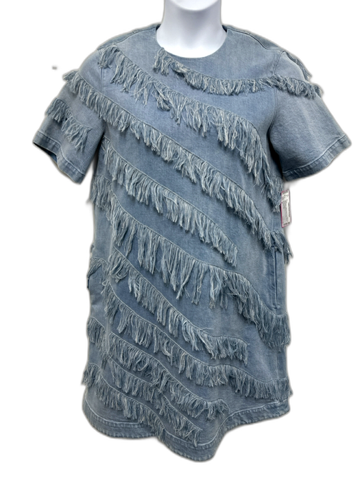 Lafayette 148 Size M Light Wash Cotton Denim Short Sleeve Fringe Pockets Dress Light Wash / M