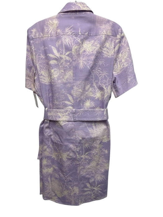 Adam Lippes Size 12 Purple & White Cotton Short Sleeve Leaf Print Buttons Dress Purple & White / 12