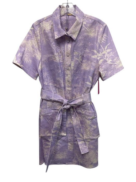 Adam Lippes Size 12 Purple & White Cotton Short Sleeve Leaf Print Buttons Dress Purple & White / 12