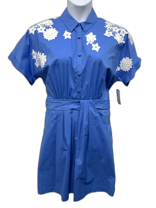 Lela Rose Size 12 Blue & White Cotton Short Sleeve Floral Applique Buttons Dress Blue & White / 12