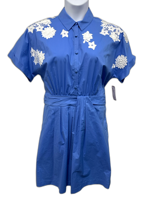 Lela Rose Size 12 Blue & White Cotton Short Sleeve Floral Applique Buttons Dress Blue & White / 12