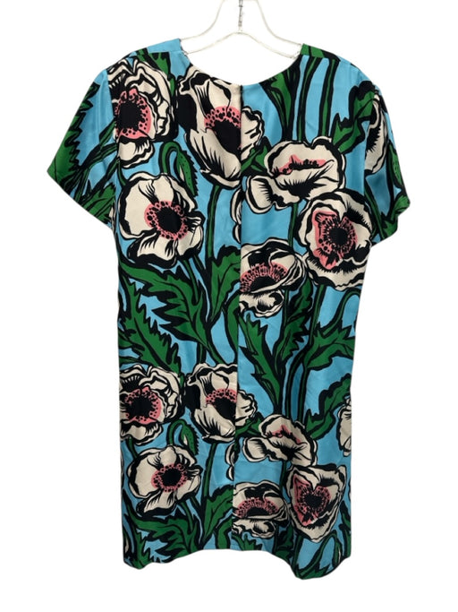 La Double J Size L Blue, Green, Multi Silk Short Sleeve Floral Print Dress Blue, Green, Multi / L