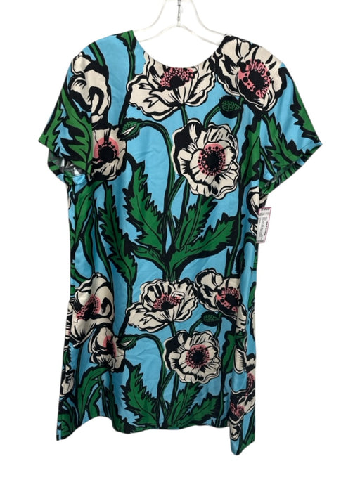 La Double J Size L Blue, Green, Multi Silk Short Sleeve Floral Print Dress Blue, Green, Multi / L