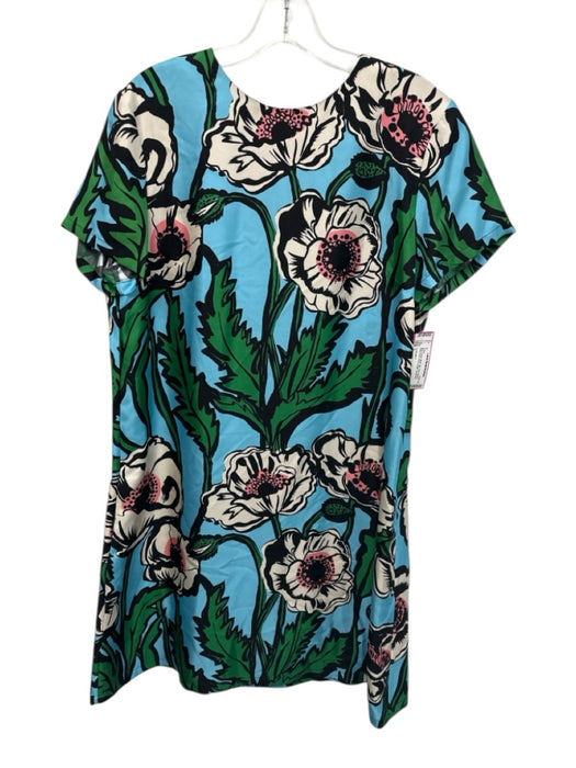 La Double J Size L Blue, Green, Multi Silk Short Sleeve Floral Print Dress Blue, Green, Multi / L