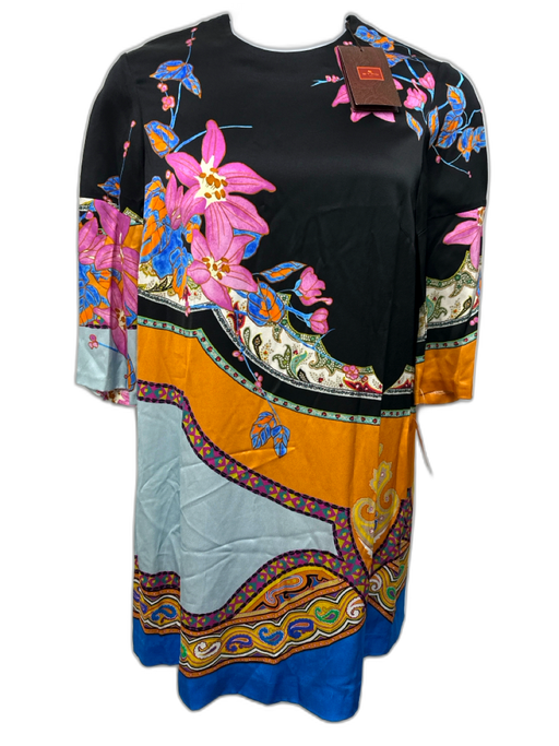 Etro Size 46 Black, Pink, Orange Viscose 3/4 Sleeve Abstract Print Dress Black, Pink, Orange / 46