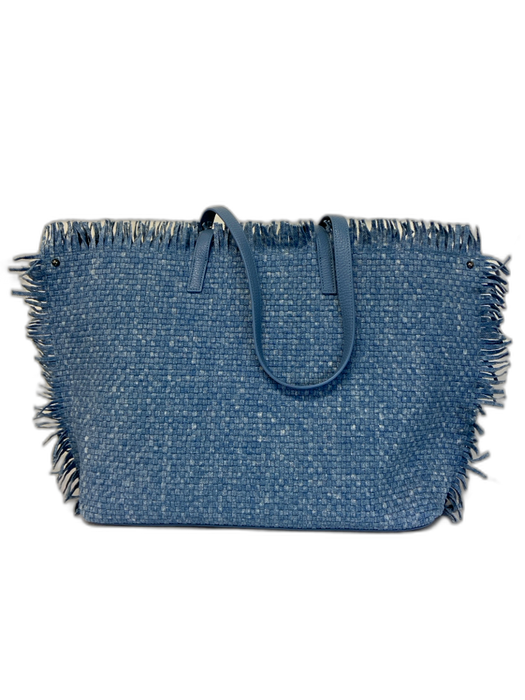 Akris Blue Denim Woven Fringe Turnlock Tote Bag Blue / M