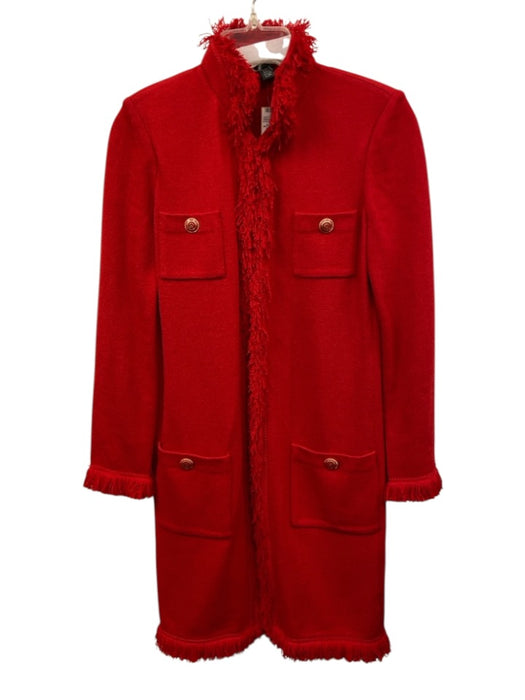 St John Collection Size 4 Red Wool Blend Long Sleeve Fringe Chore Pockets Jacket Red / 4