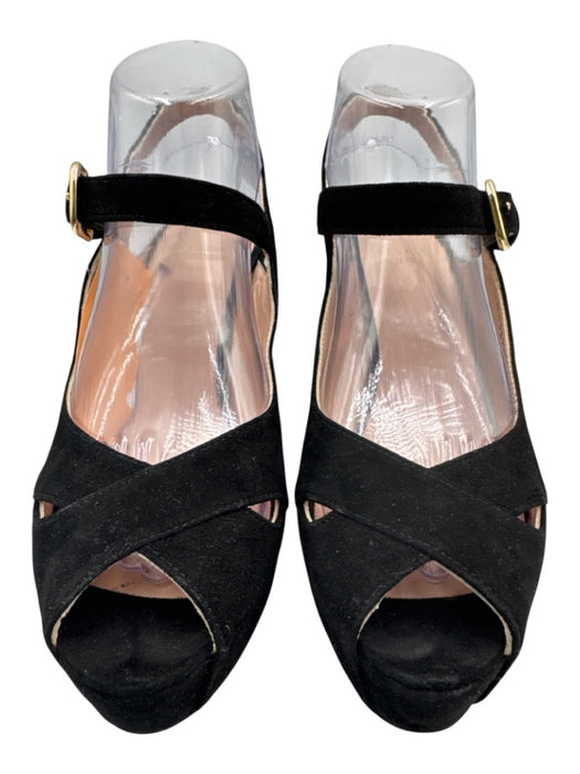 Stuart Weitzman Shoe Size 8 Black Leather Suede Peep Toe Criss Cross Wedges Black / 8