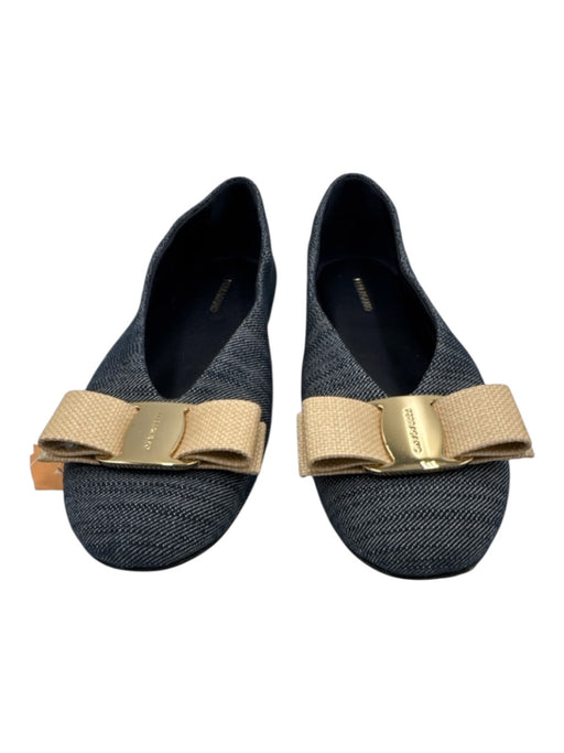 Ferragamo Shoe Size 8 Navy & Beige Textile & Leather Round Toe Bow Detail Flats Navy & Beige / 8