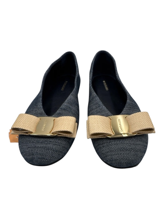 Ferragamo Shoe Size 8 Navy & Beige Textile & Leather Round Toe Bow Detail Flats Navy & Beige / 8