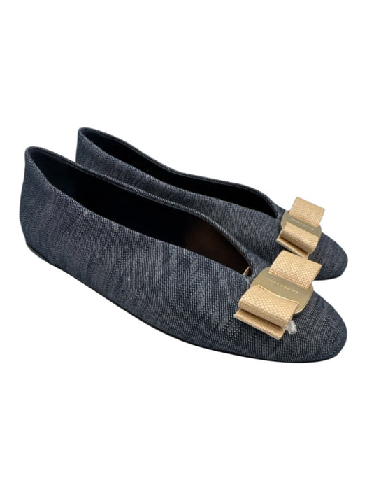 Ferragamo Shoe Size 8 Navy & Beige Textile & Leather Round Toe Bow Detail Flats Navy & Beige / 8