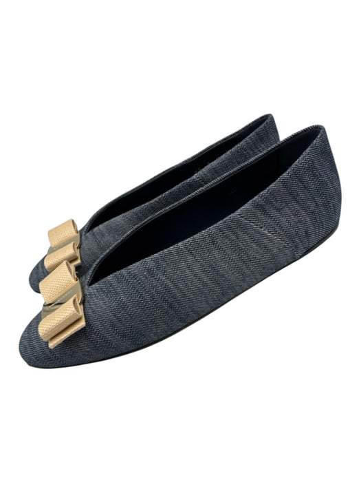 Ferragamo Shoe Size 8 Navy & Beige Textile & Leather Round Toe Bow Detail Flats Navy & Beige / 8