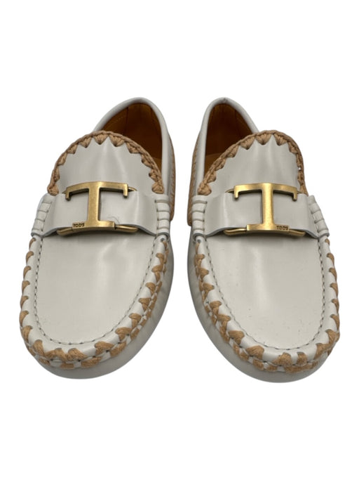 Tod's Shoe Size 38 White & Beige Leather Round Toe Logo Whipstich Detail Loafers White & Beige / 38