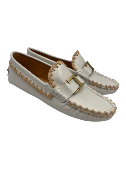 Tod's Shoe Size 38 White & Beige Leather Round Toe Logo Whipstich Detail Loafers White & Beige / 38