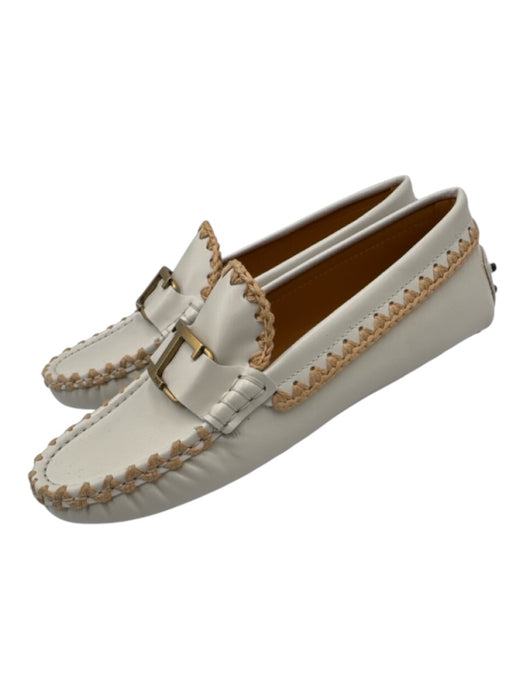 Tod's Shoe Size 38 White & Beige Leather Round Toe Logo Whipstich Detail Loafers White & Beige / 38