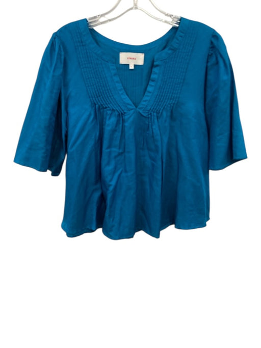 XiRENA Size S Blue Cotton & Silk Long Sleeve Split Neck pleats Top Blue / S