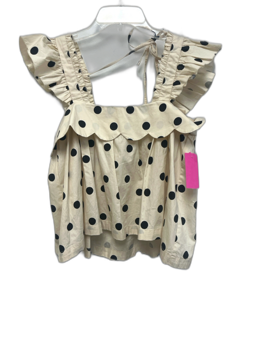 En Saison Size S Cream & Black Cotton Polka Dots Ruffle Straps Scallop Trim Top Cream & Black / S