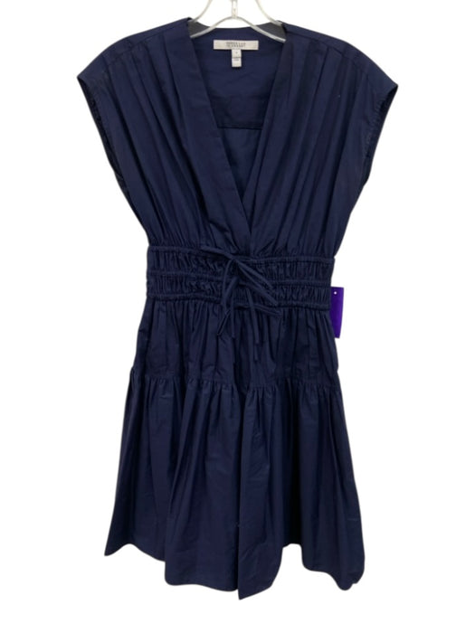 Derek Lam 10 Crosby Size 0 Navy Blue Cotton Cap Sleeve Ruched waist V Neck Dress Navy Blue / 0