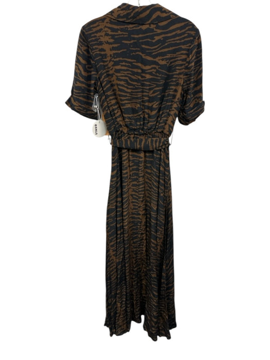 Staud Size 2 Black & Brown Rayon Blend Animal Stripe Short Sleeve Collared Dress Black & Brown / 2