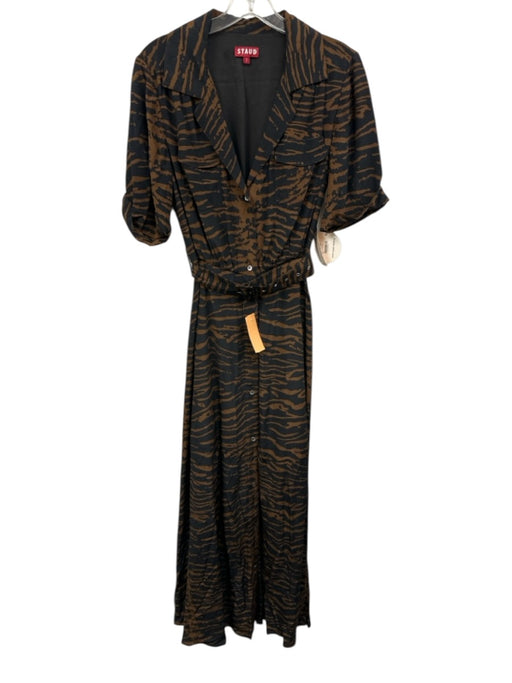 Staud Size 2 Black & Brown Rayon Blend Animal Stripe Short Sleeve Collared Dress Black & Brown / 2